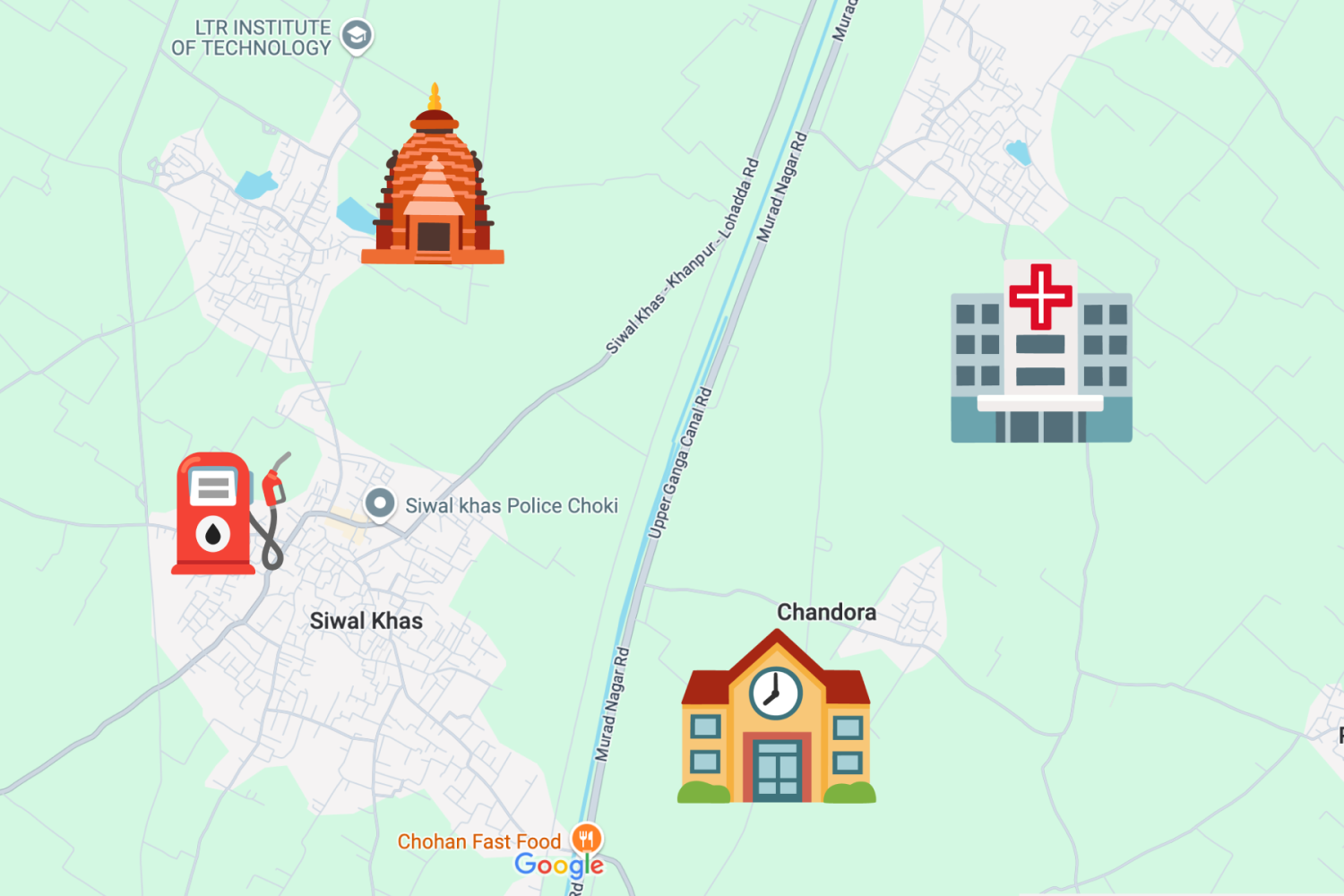 Google Maps, in India. Er staan emoji op de kaart van een tankstation, ziekenhuis, school en tempel.