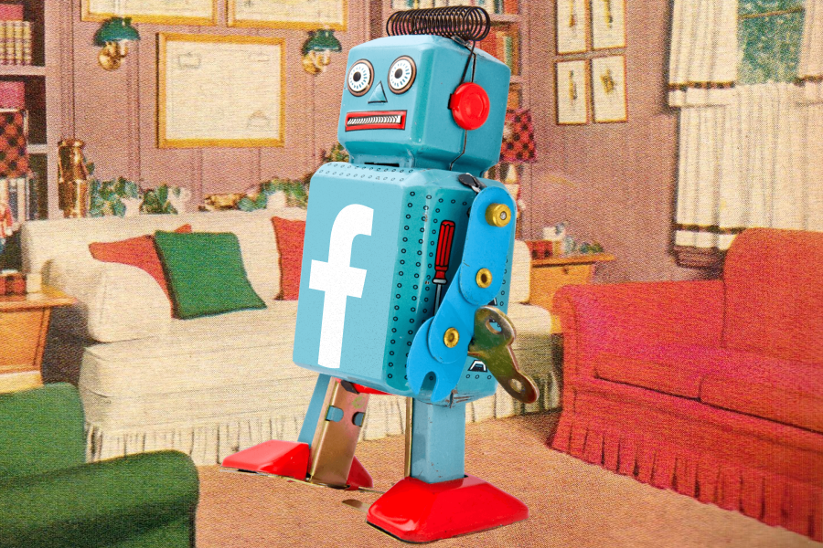 Een retro-robot (met een Facebook F op), in een vintage interieur.