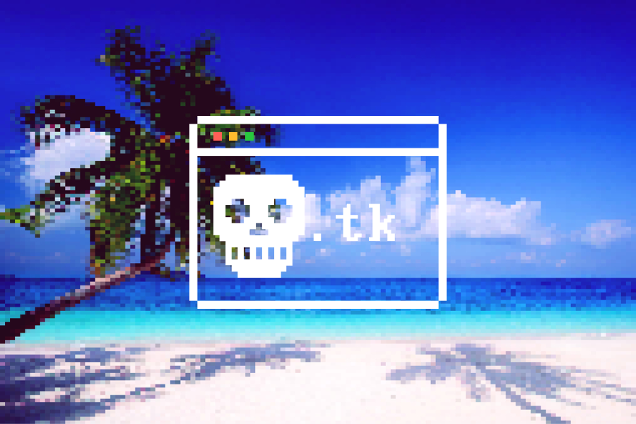 Pixelated strand, met een browservenster erover. Daarin een pixelated piratenvlag, met .tk erachter