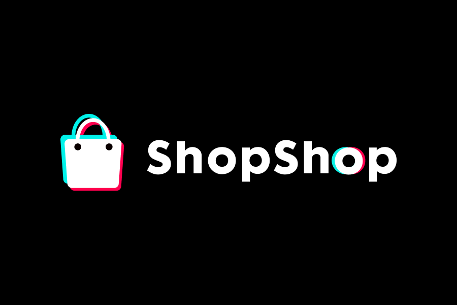 TikTok-logo, maar met een winkeltas en de woorden 'ShopShop'