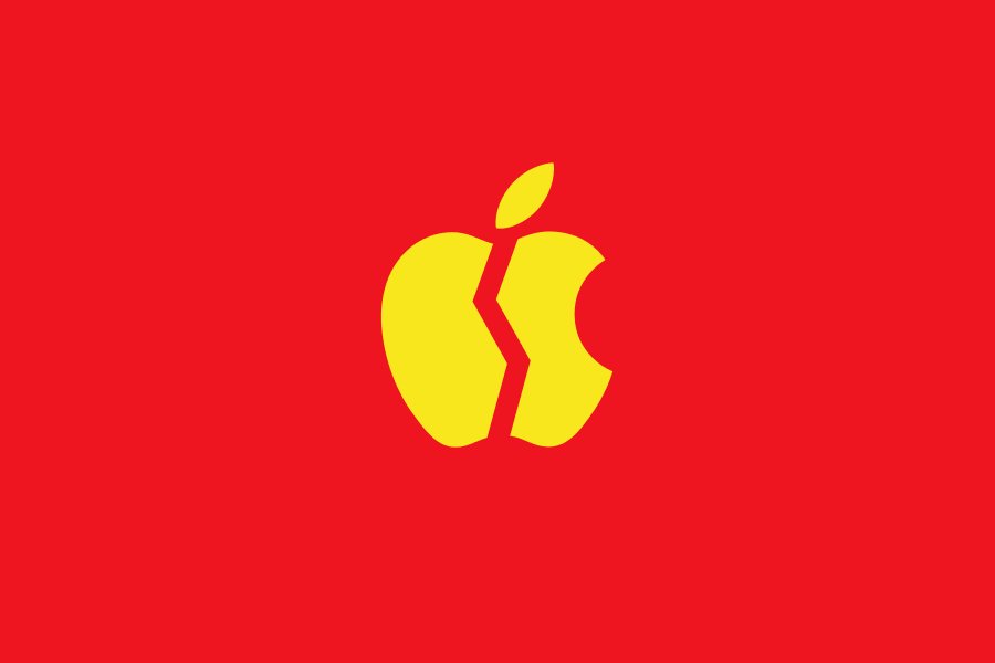 De Chinese-vlag, maar met het Apple-logo, dat eruitziet als een gebroken hart.