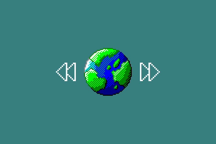 Web-symbool in Windows 95-thema. Er staan terug- en doorspoelpijlen bij.