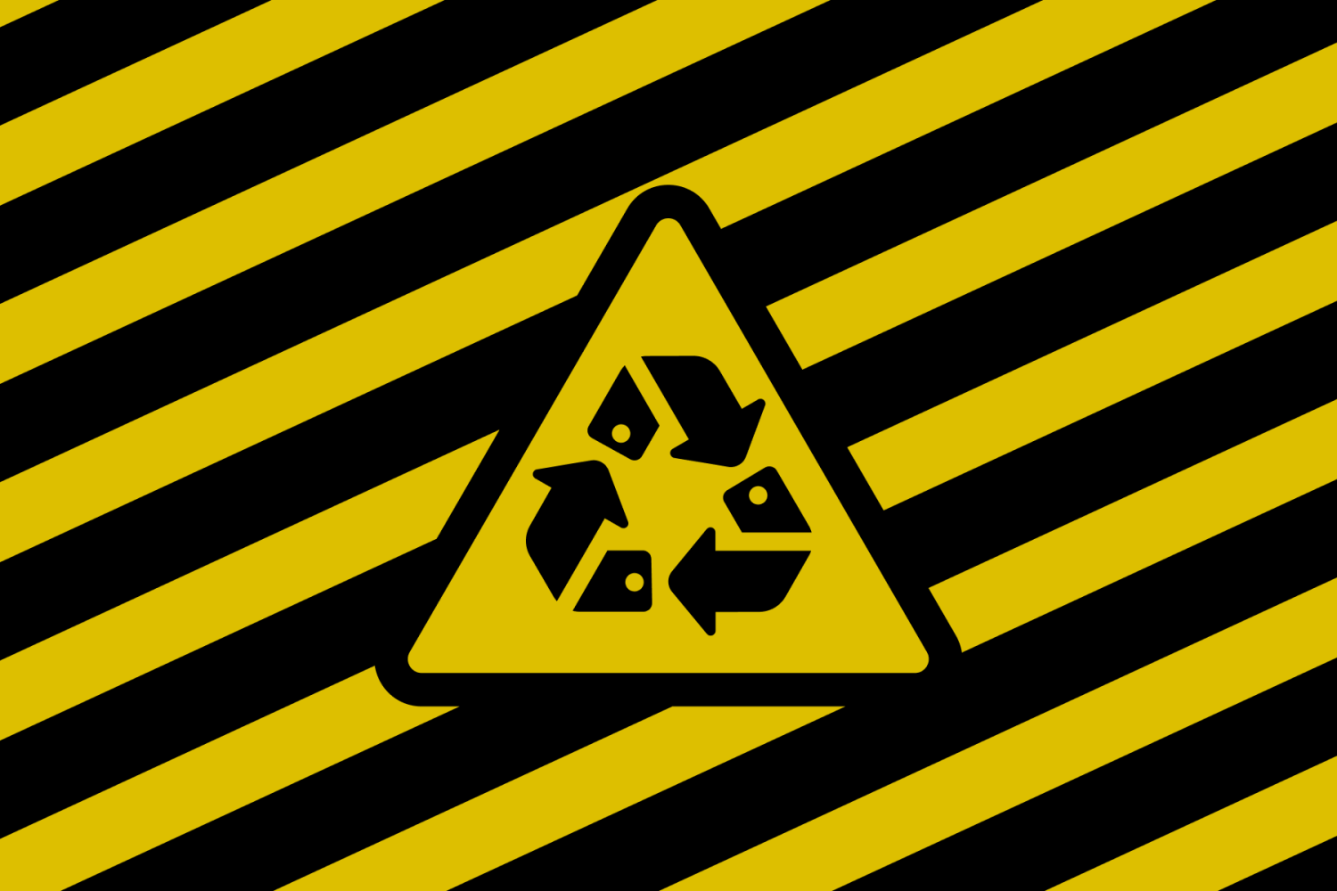 Een waarschuwingsbord in geel/zwart: in de gevarendriehoek staat een recyclage-symbool. De pijlen zijn smartphones.