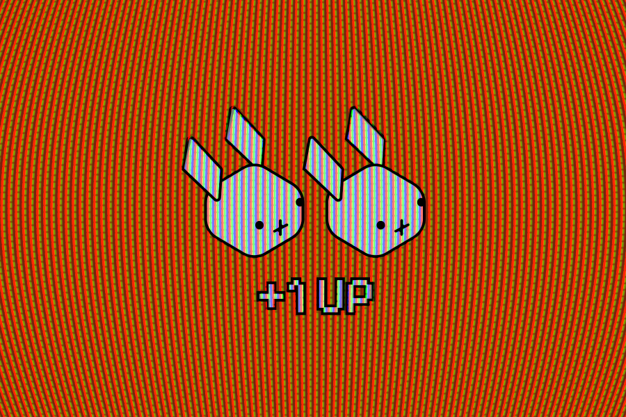 Het Rabbit-konijntje, in tweevoud. Er staat '+1 UP' en het geheel ziet eruit als een spel op een oude spelconsole.