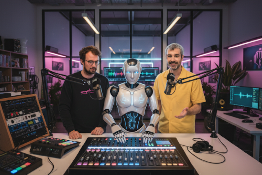Een overduidelijk AI-gegeneerde foto van Freddy en Smollie die achter een robot staan die hun podcast maakt.