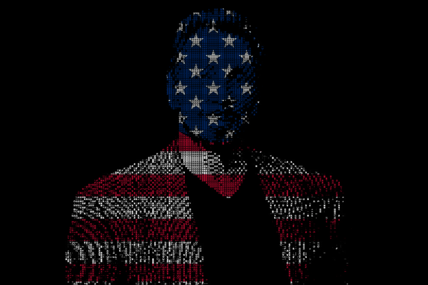 Larry Ellison in ASCII-art, ingekleurd met het patroon van een Amerikaanse vlag.