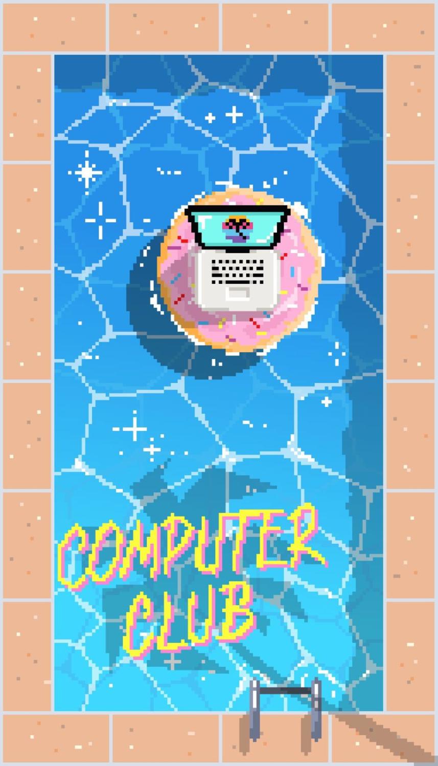 Zwembad met een opblaas-donut, met daarop een laptop, met daarop een Computer Club-logo.