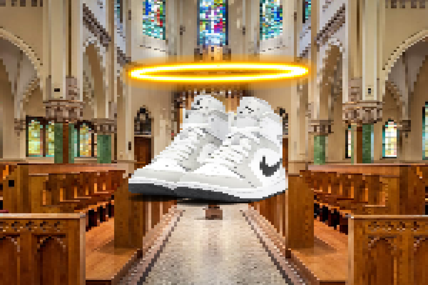 Sneakers met een aureool, in een kerk,