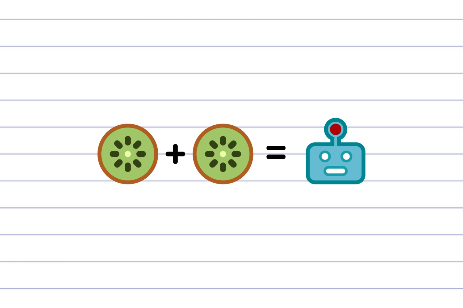 Een notitieboekje, met daarop een vraagstuk: kiwi + kiwi = verwarde robot.
