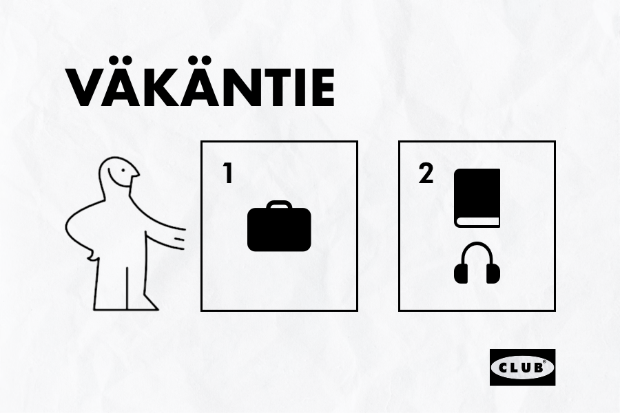 Ikea-handleiding voor 'Väkäntie'. Stap 1 is een valies. Stap 2 is een podcast of een boek.