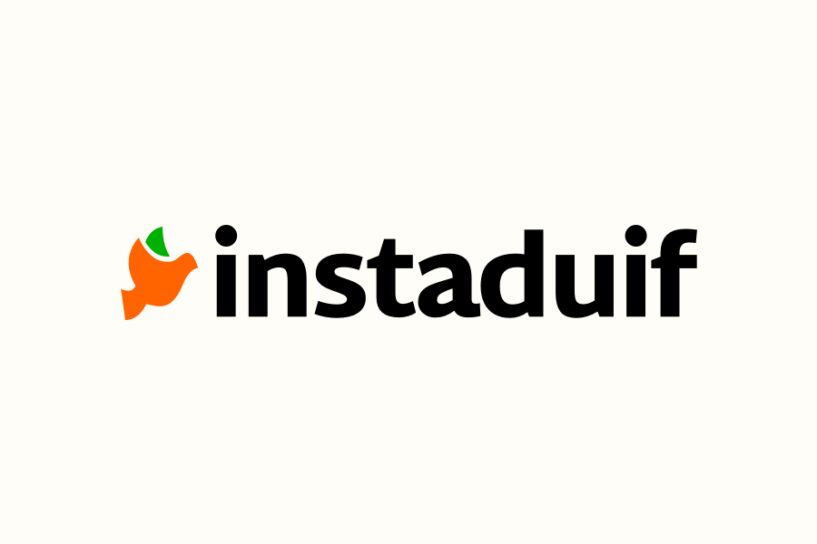 Logo van Instacart, maar met een duif in plaats van een wortel. Er staat 'Instaduif'.
