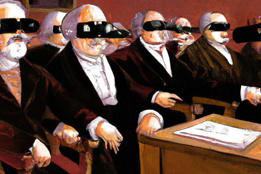 Schilderij van rechters met een VR-bil op.