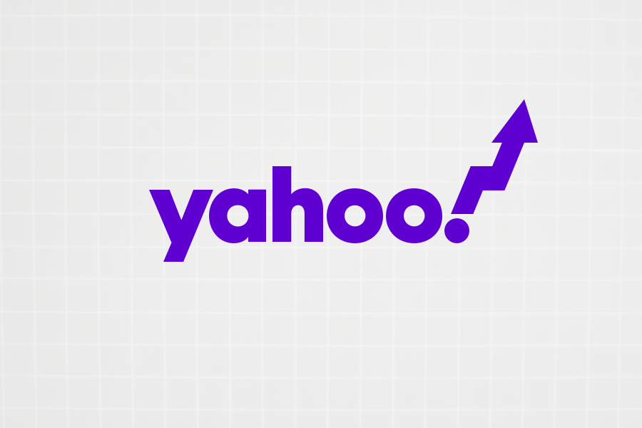 Yahoo-logo, maar met een opwartse pijl, zoals een succesvol aandeel.