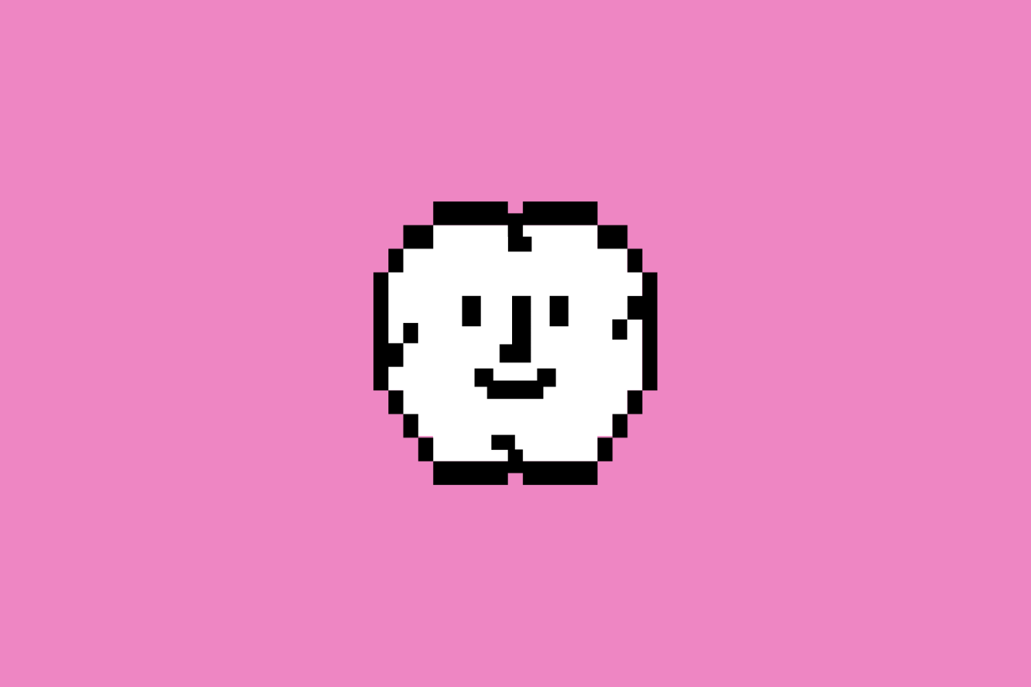 Een gepixeld brein met een lachend gezichtje, zoals het Macintosh-icoon van Susan Kare.