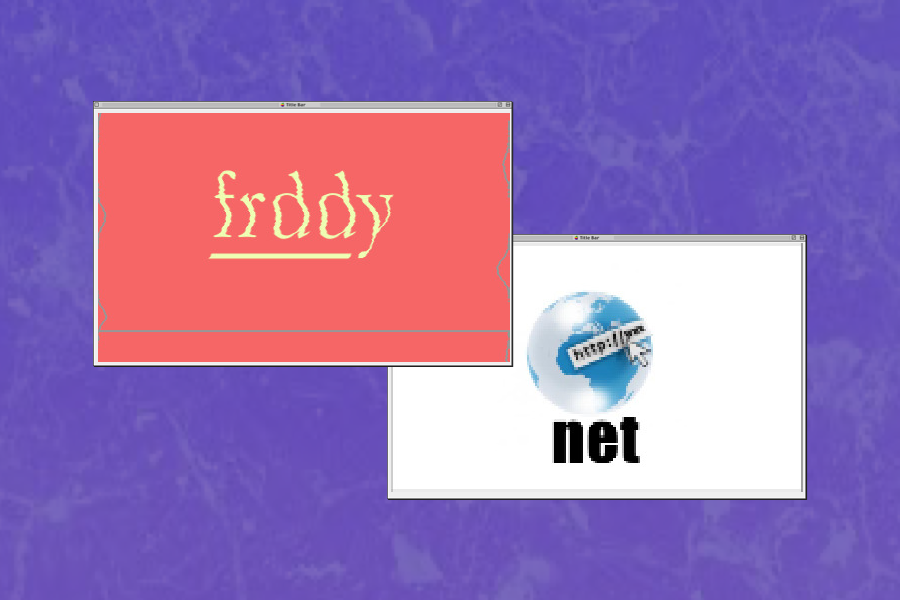 Retro-browservensters met logo's van 'Freddy' en 'Net'