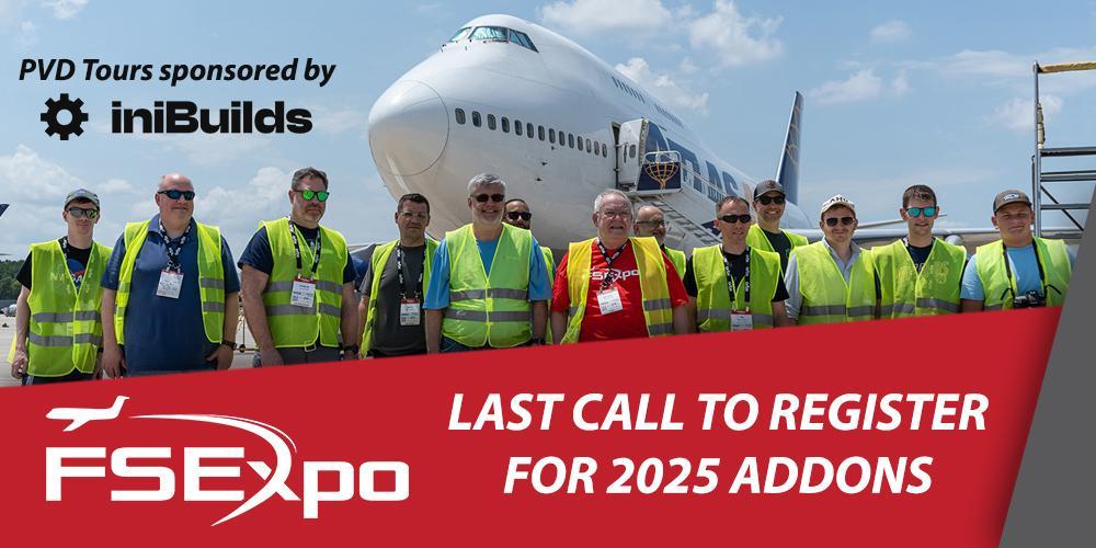 A group of FSExpo attendees stand in front of an Altas Boeing 747 during the 2023 Airside Tour at IAH.