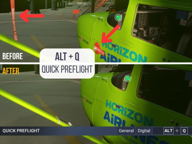 Two images of a green airplane, one with preflight covers and the other without, with the text ALT + Q quick preflight overlayed