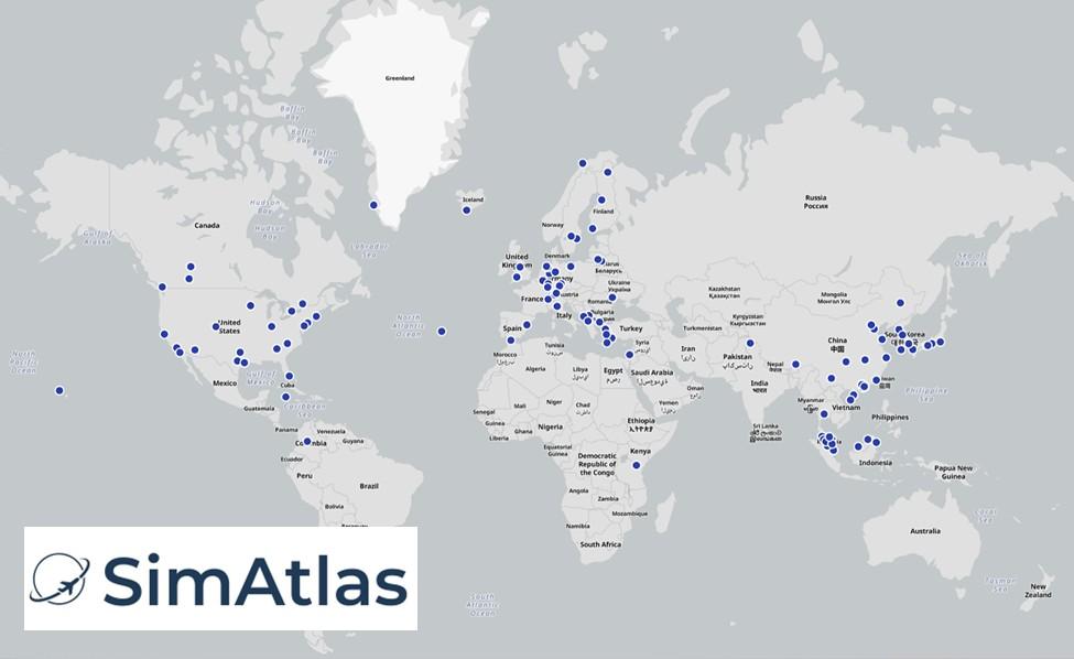 An image showing the airports/destinations included in the SimAtlas subscription.