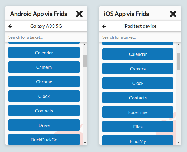 The Android and iOS Frida interception options
